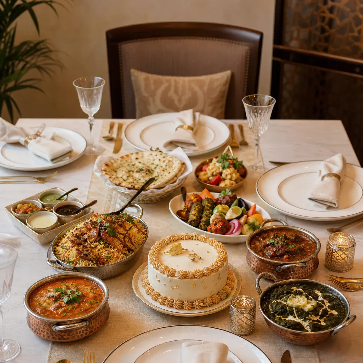 A birthday celebration table with Indian food and warm decor