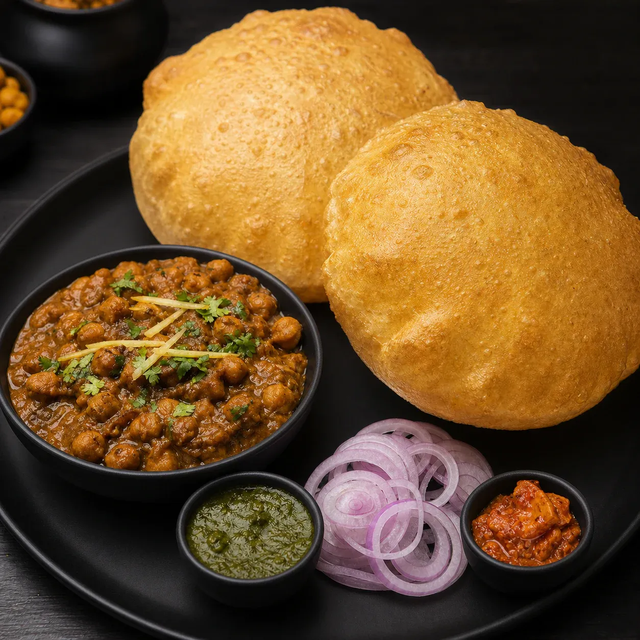 Chole bhature served with accompaniments