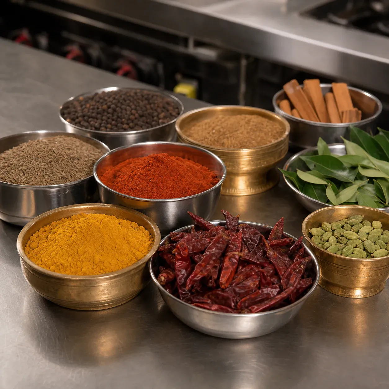 Colorful spices arranged for Indian cooking