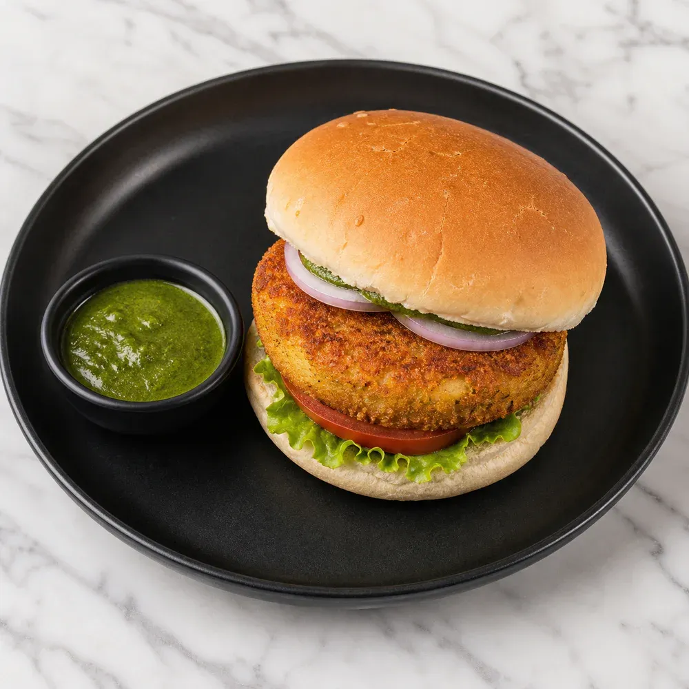 A spiced potato patty layered with noodles in a soft burger bun.