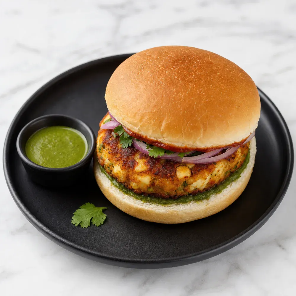 A spiced potato-and-paneer patty served in a soft burger bun.