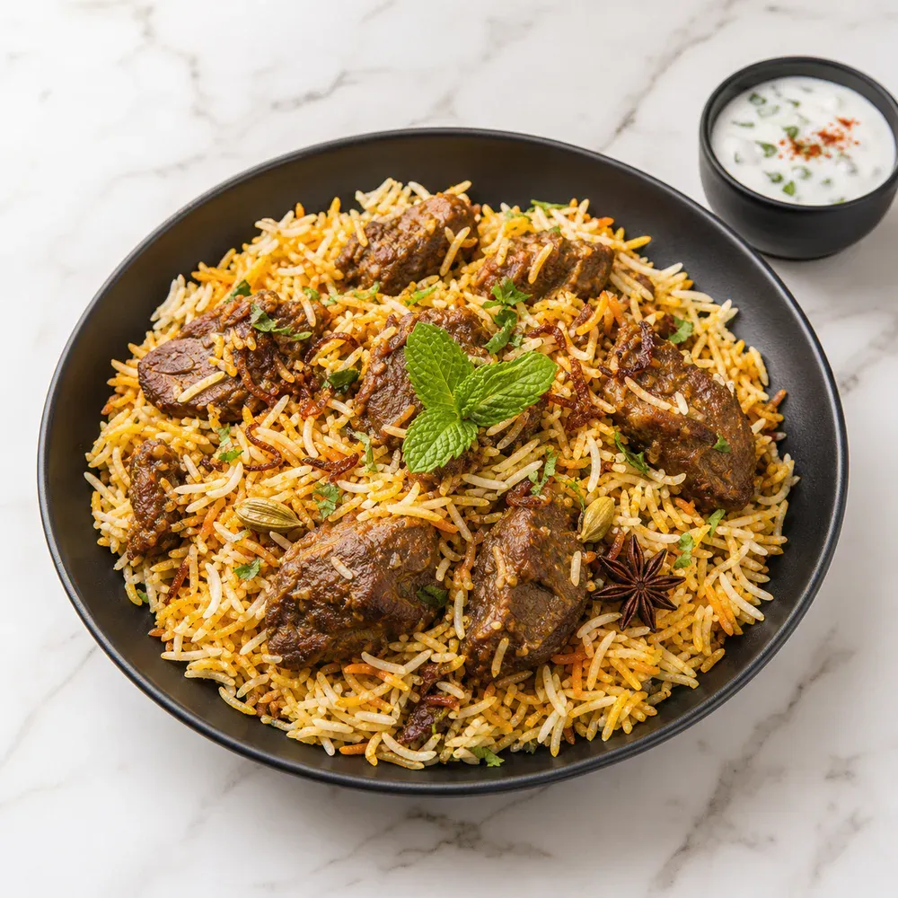 AAA beef layered with fragrant basmati rice, herbs, and biryani spices.