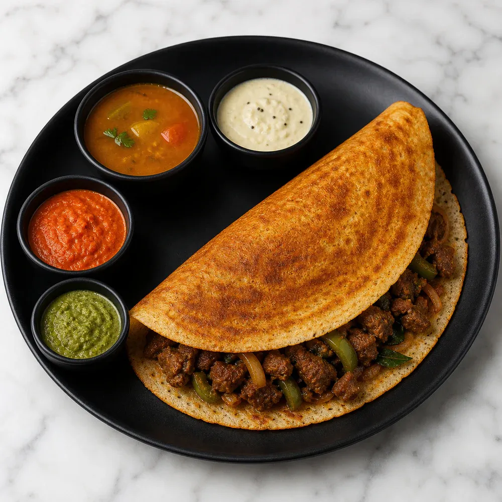 Dosa stuffed with 6 oz of AAA sirloin beef pepper masala.
