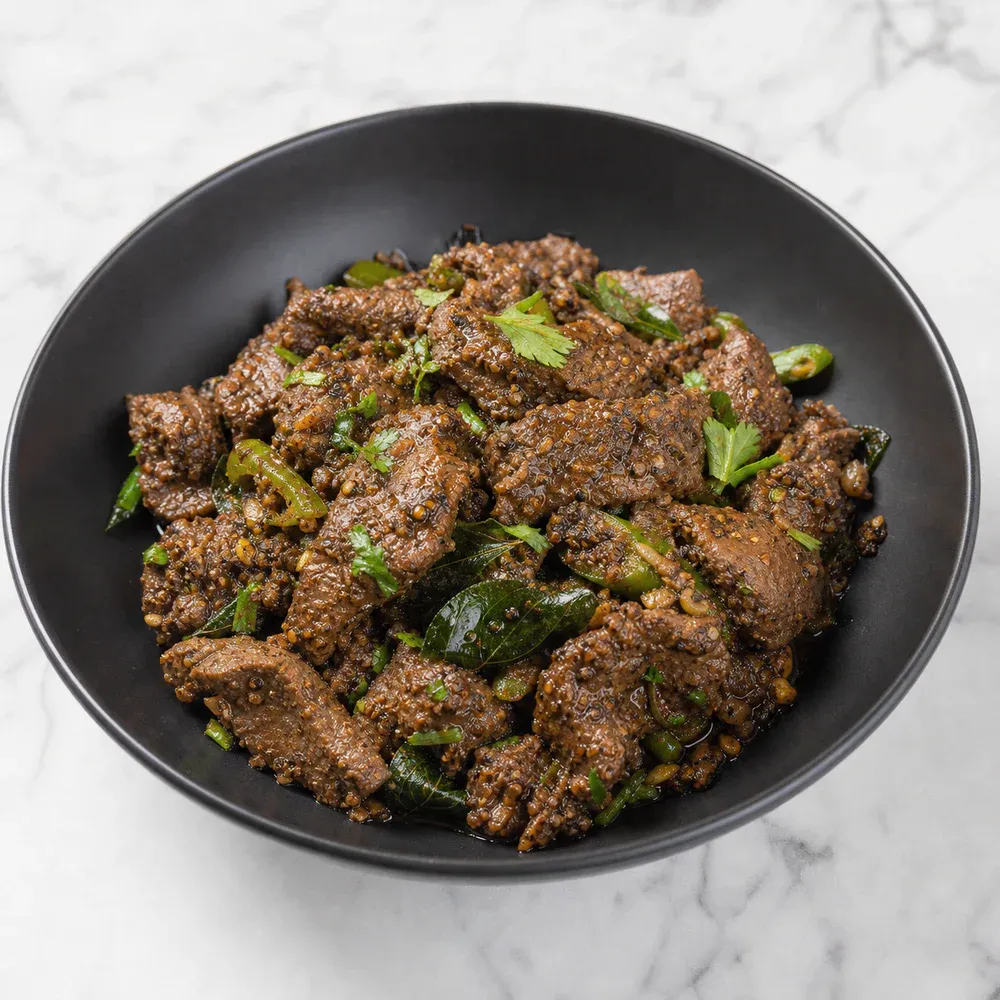 Chef-signature AAA beef strips marinated and cooked with curry leaves, chilies, cilantro, and crushed peppercorns.