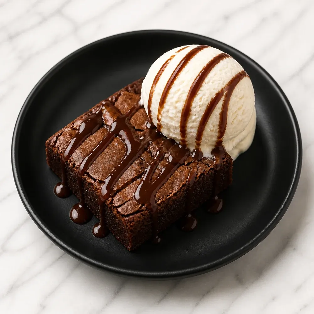Warm brownie served with a scoop of ice cream.