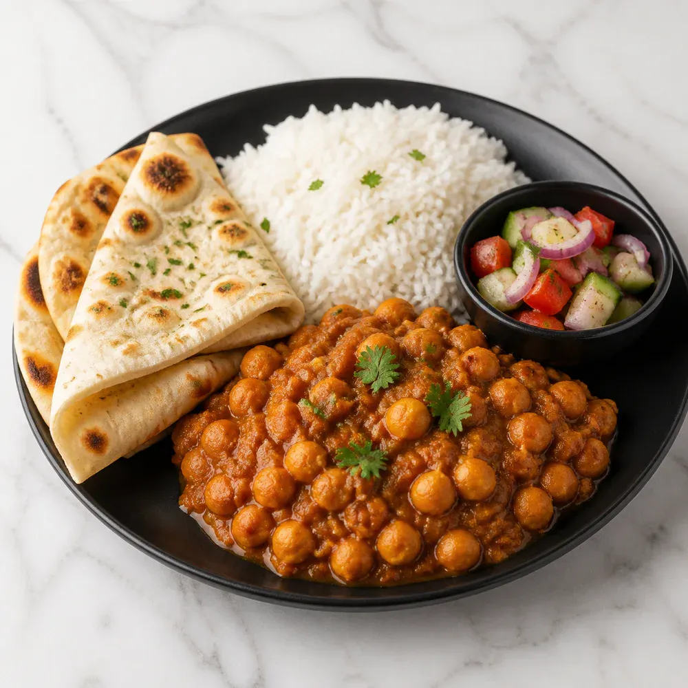 Channa masala served with rice, naan, and a side.