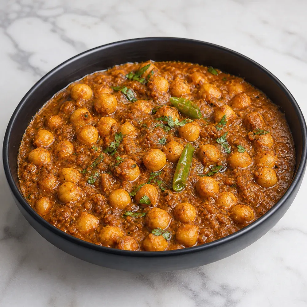 Chickpeas simmered Punjabi-style in a spiced onion-and-tomato gravy.