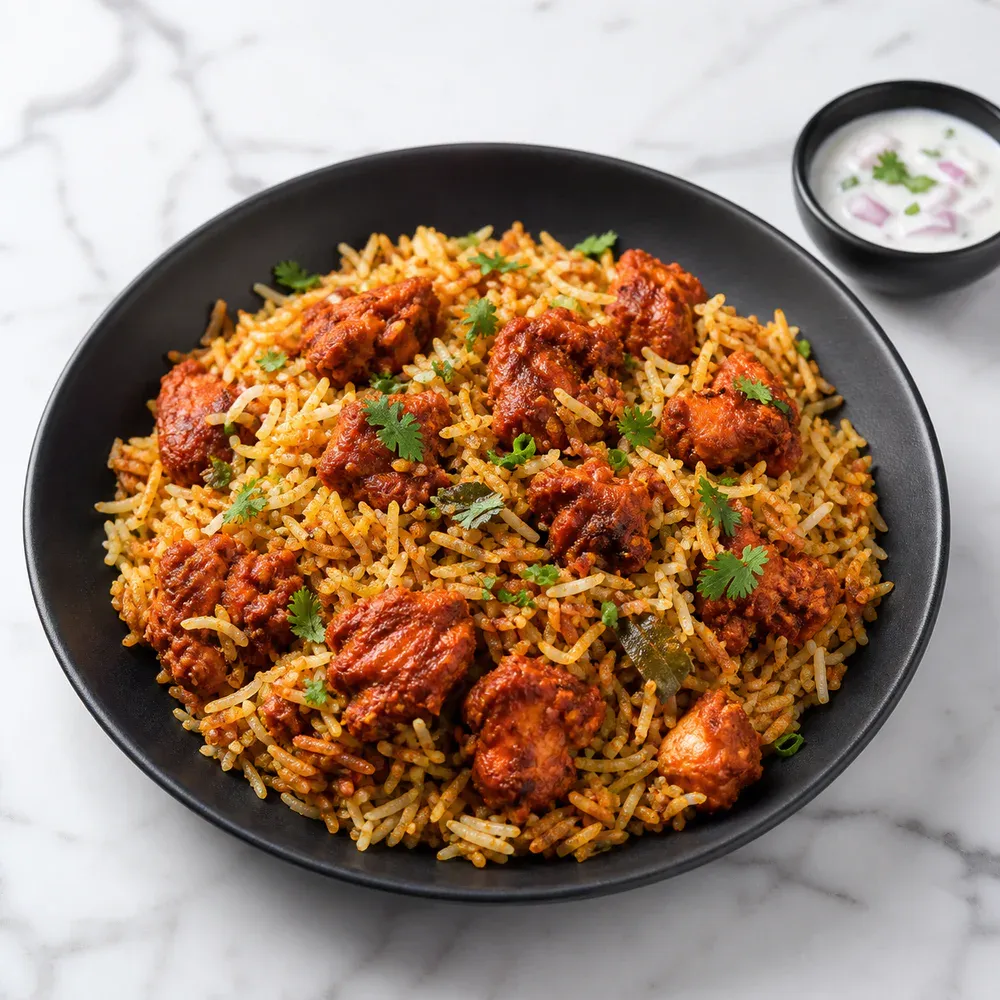 Spicy fried Chicken 65 layered with fragrant basmati rice, herbs, and biryani spices.