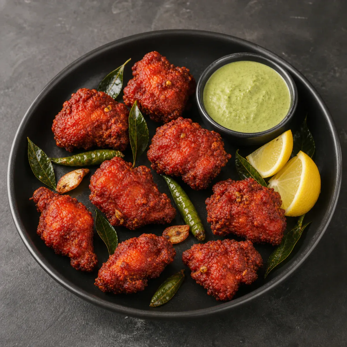 Tender chicken marinated with South Indian spices.