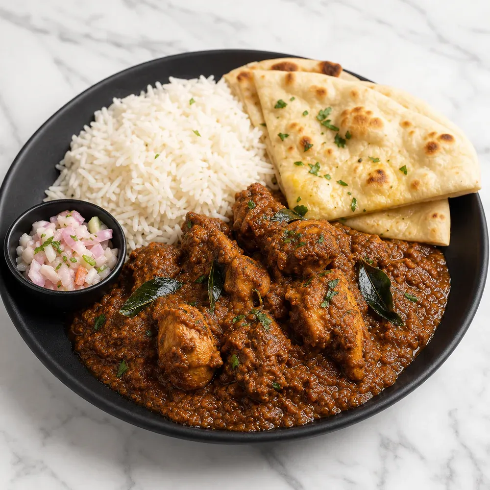 Chicken Chettinad served with rice, naan, and a side.