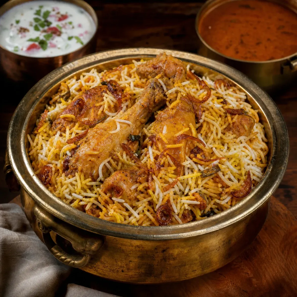Chicken Dum Biryani garnished and served