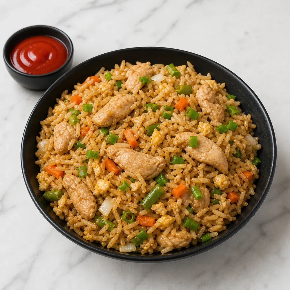 Wok-tossed rice with chicken, vegetables, and Indo-Chinese sauces.