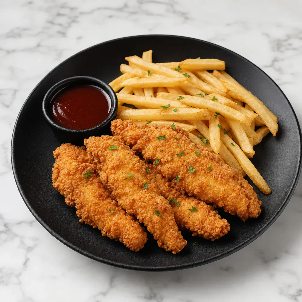 Chicken fingers served with fries and plum sauce.