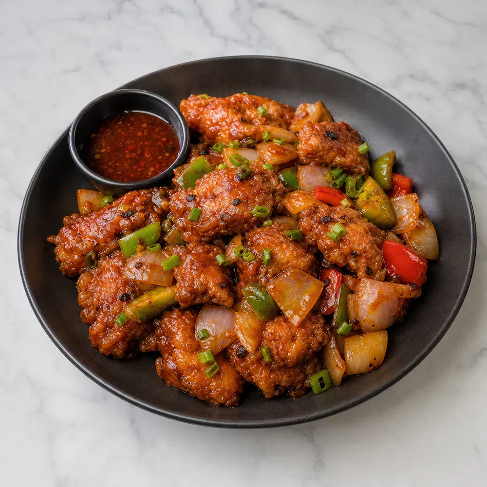 Batter-fried fish tossed with onions and peppers in a spicy chilli sauce.