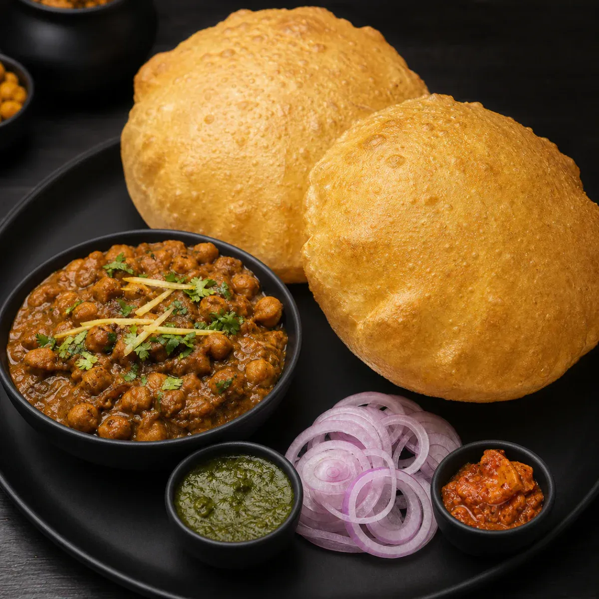 Fluffy fried bread served with channa masala.