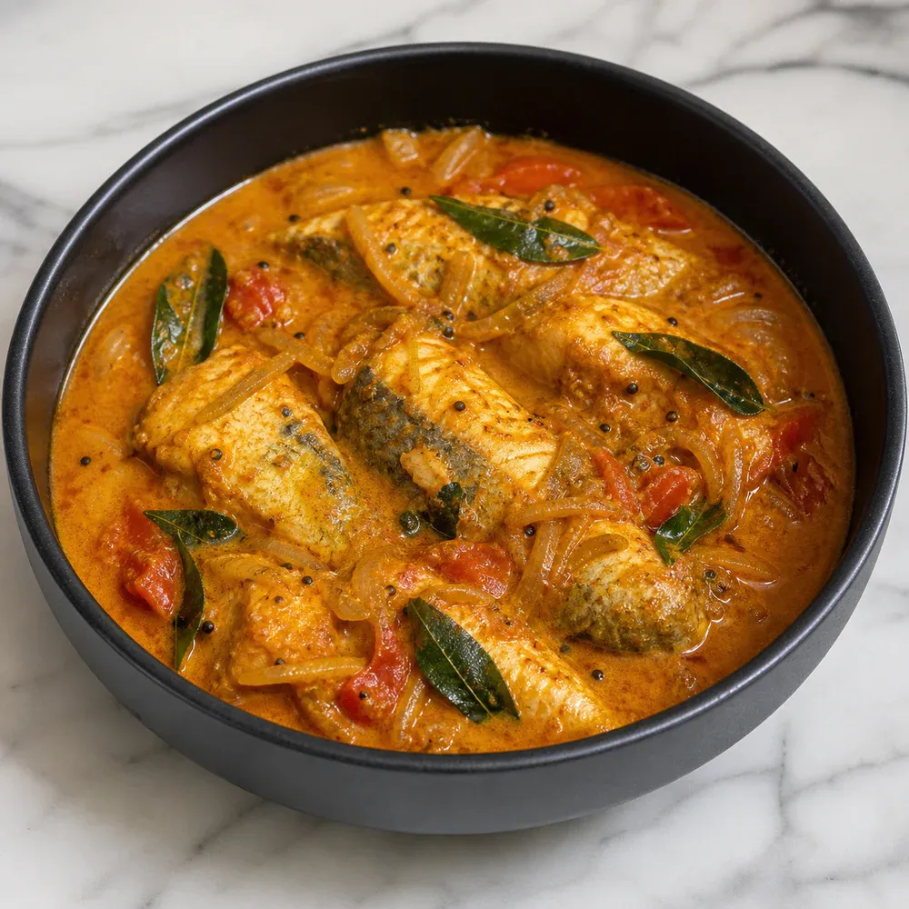Flavorful fish curry with onions, tomatoes, curry leaves, and mustard seeds.