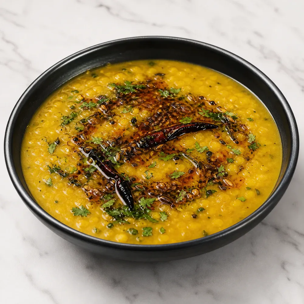 Yellow lentils cooked with turmeric and spices.