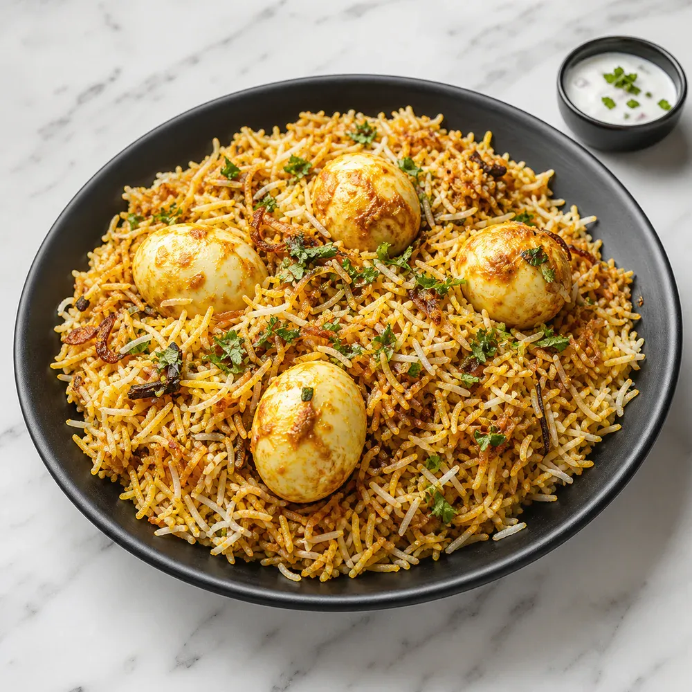 Boiled eggs layered with fragrant basmati rice, herbs, and biryani spices.