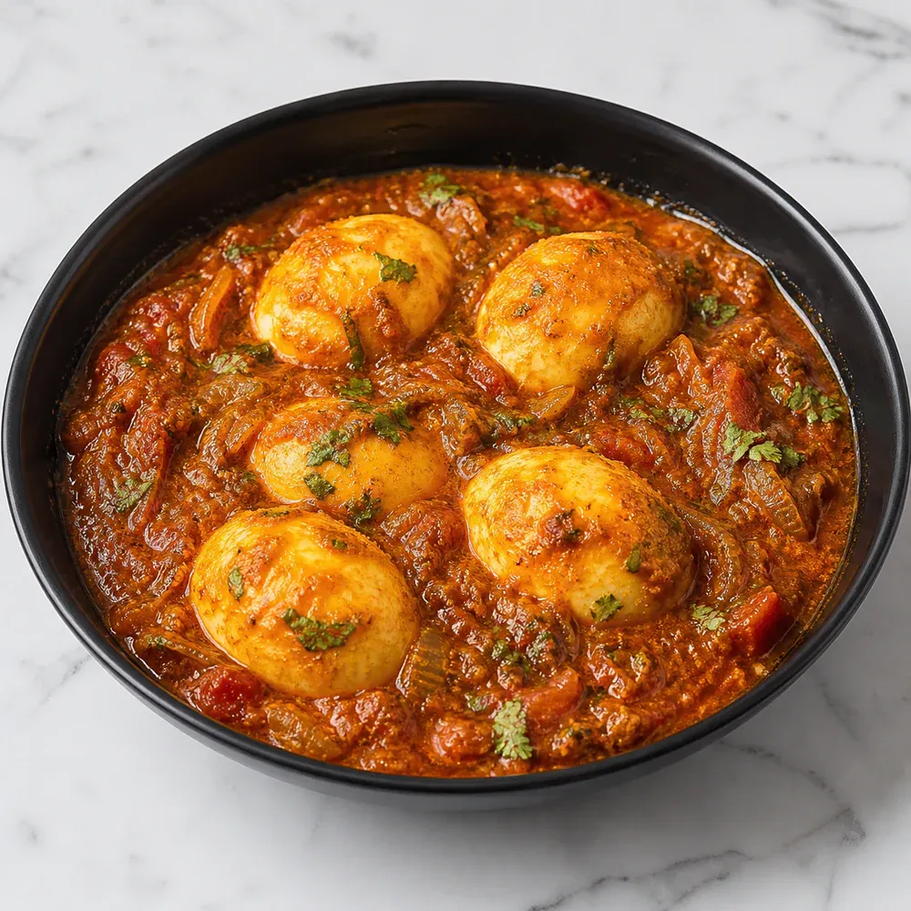 Boiled eggs simmered in a spiced onion-and-tomato gravy.