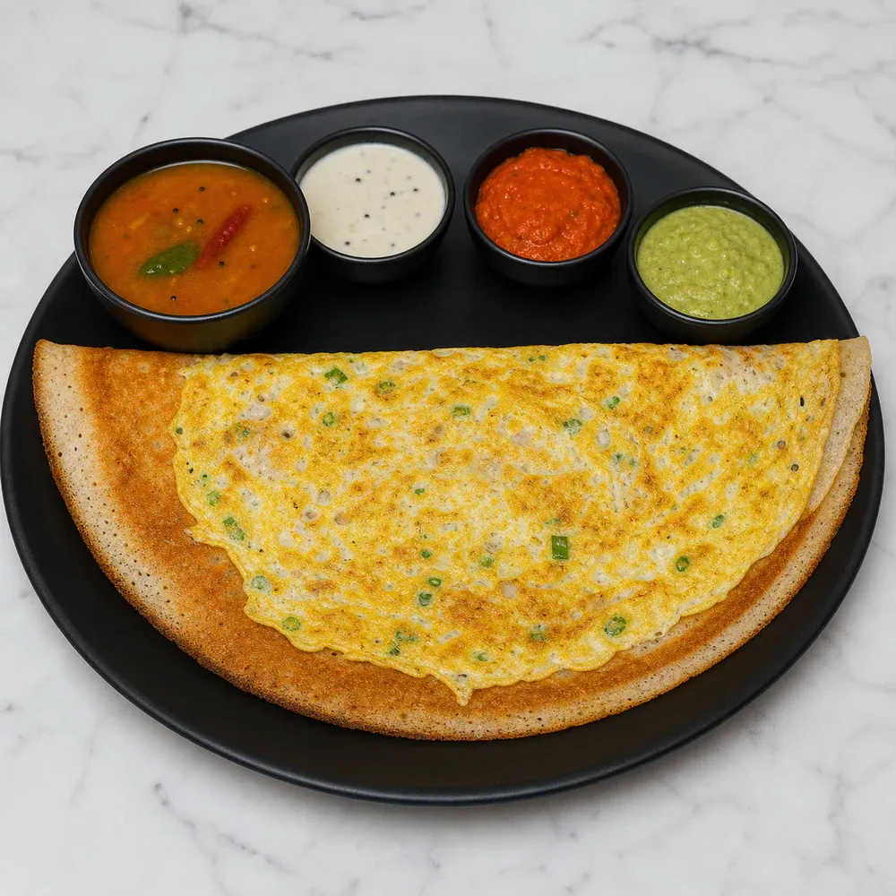 Dosa spread with two eggs.
