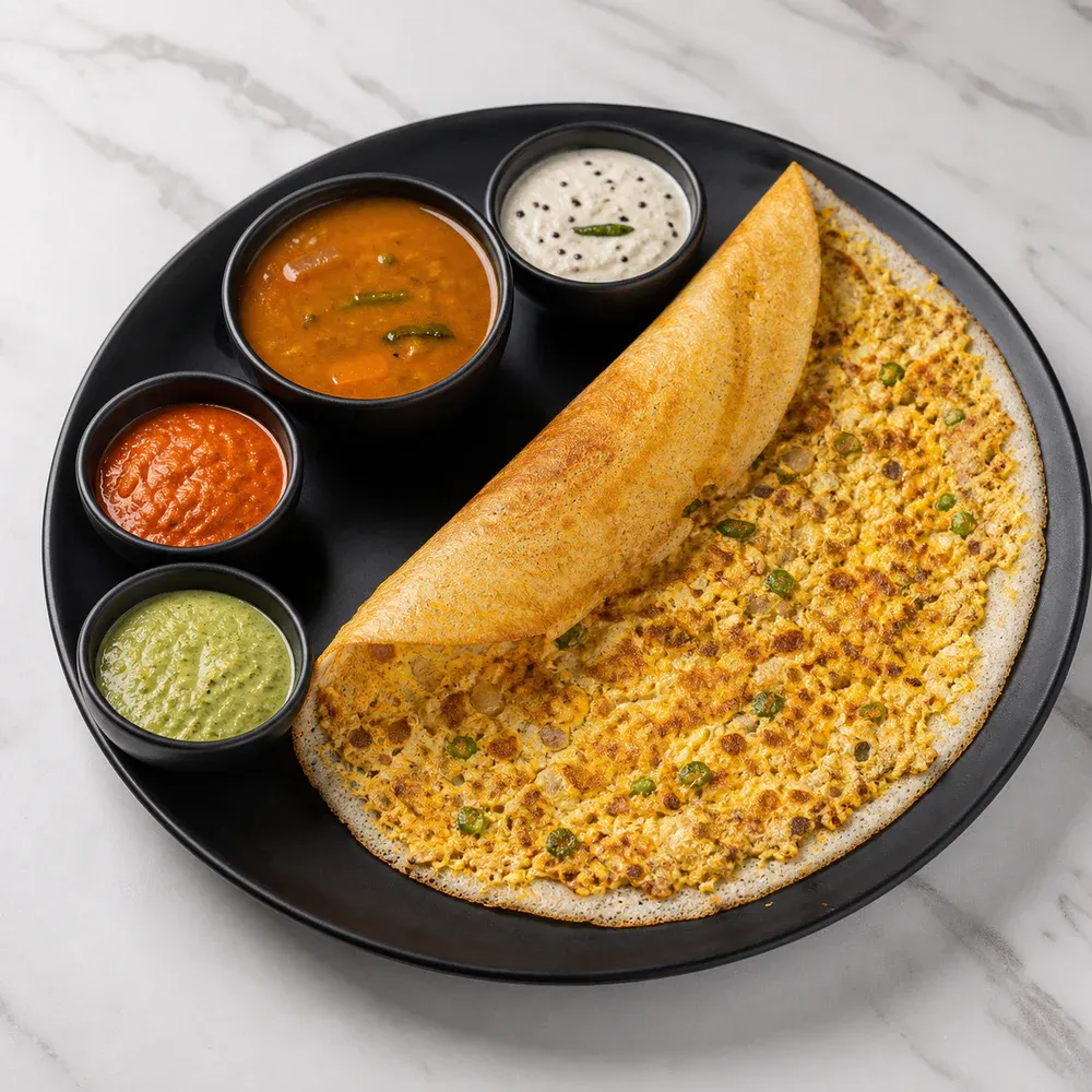 Dosa spread with eggs and masala.