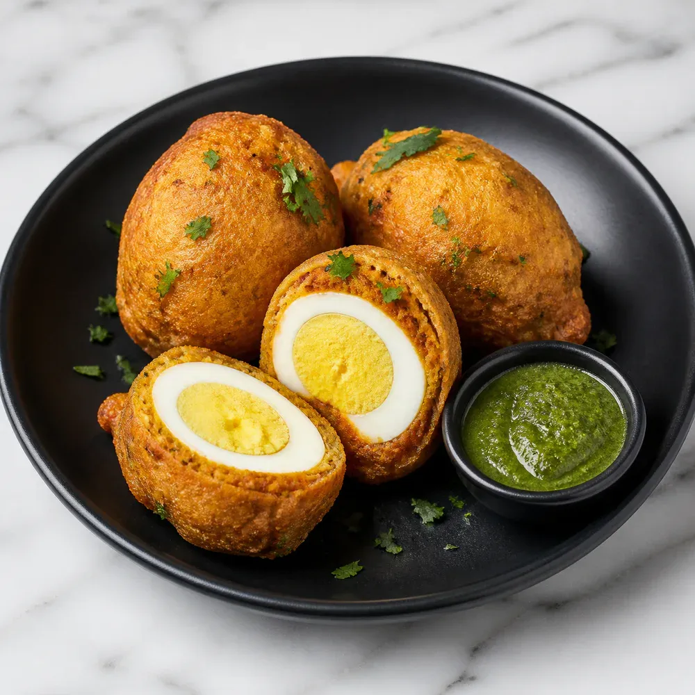 Boiled eggs coated in spiced chickpea batter and deep-fried until golden.