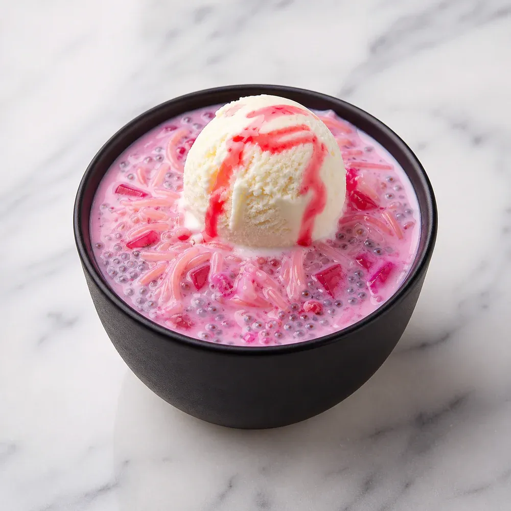 A chilled dessert with vermicelli, basil seeds, rose syrup, and ice cream.
