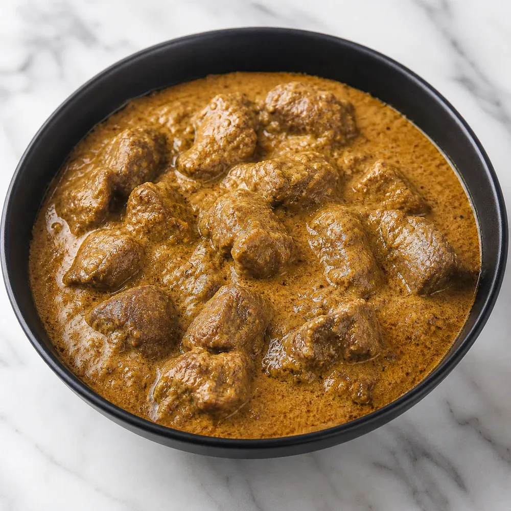 Goat cubes cooked in a creamy, nutty curry sauce.