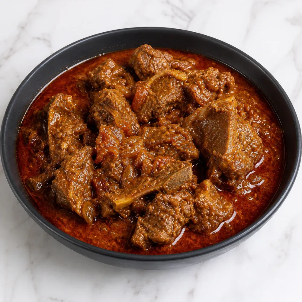 Tender goat cooked with onions, tomatoes, and aromatic spices.