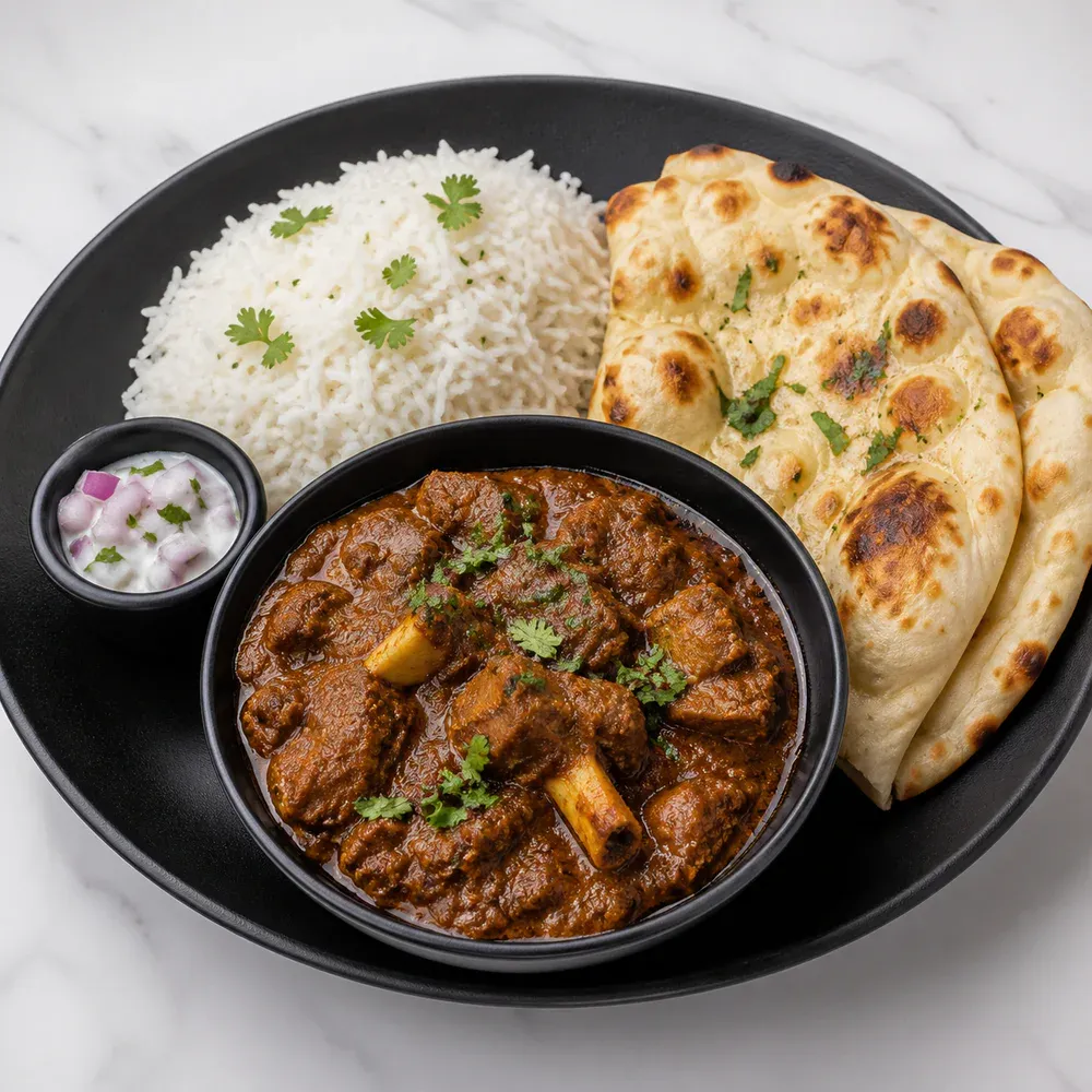 Grandma’s goat curry served with rice, naan, and a side.
