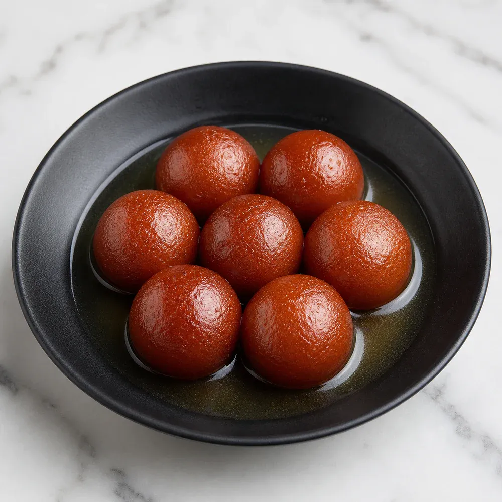 Warm milk-solid dumplings soaked in cardamom syrup.