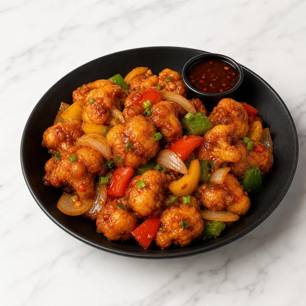 Batter-fried cauliflower tossed with onions and bell peppers in honey chili garlic sauce.