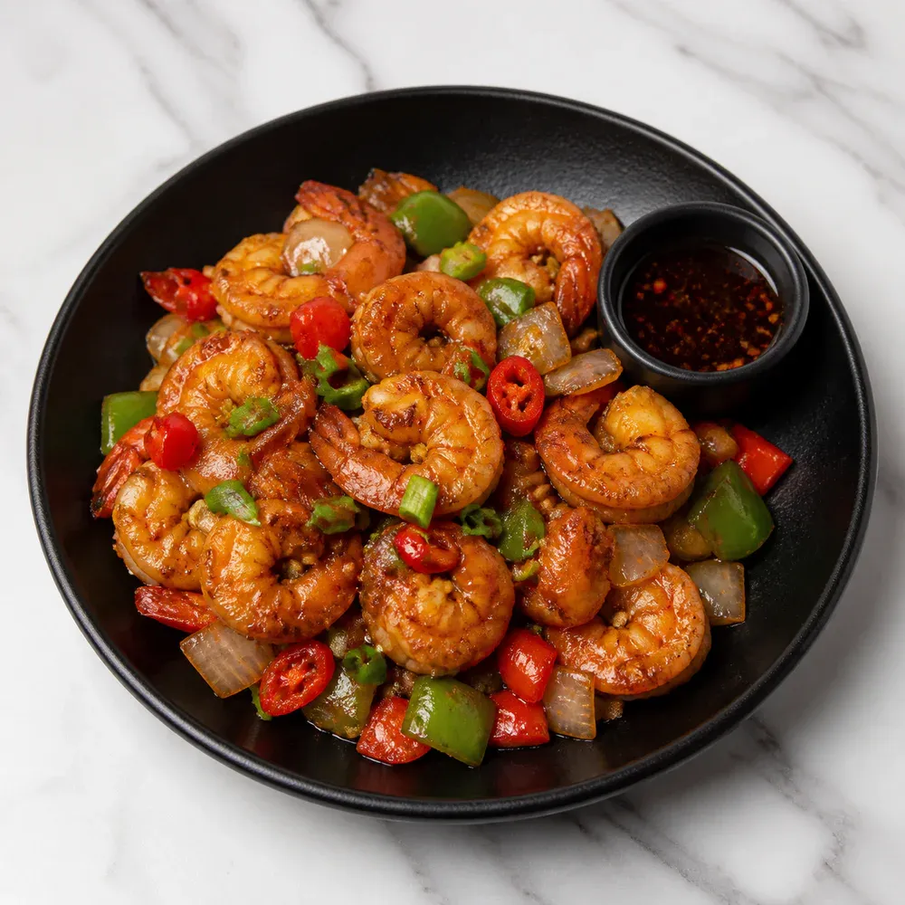 Fried shrimp tossed with onions, chilies, and bell peppers in the chef's special sauce.