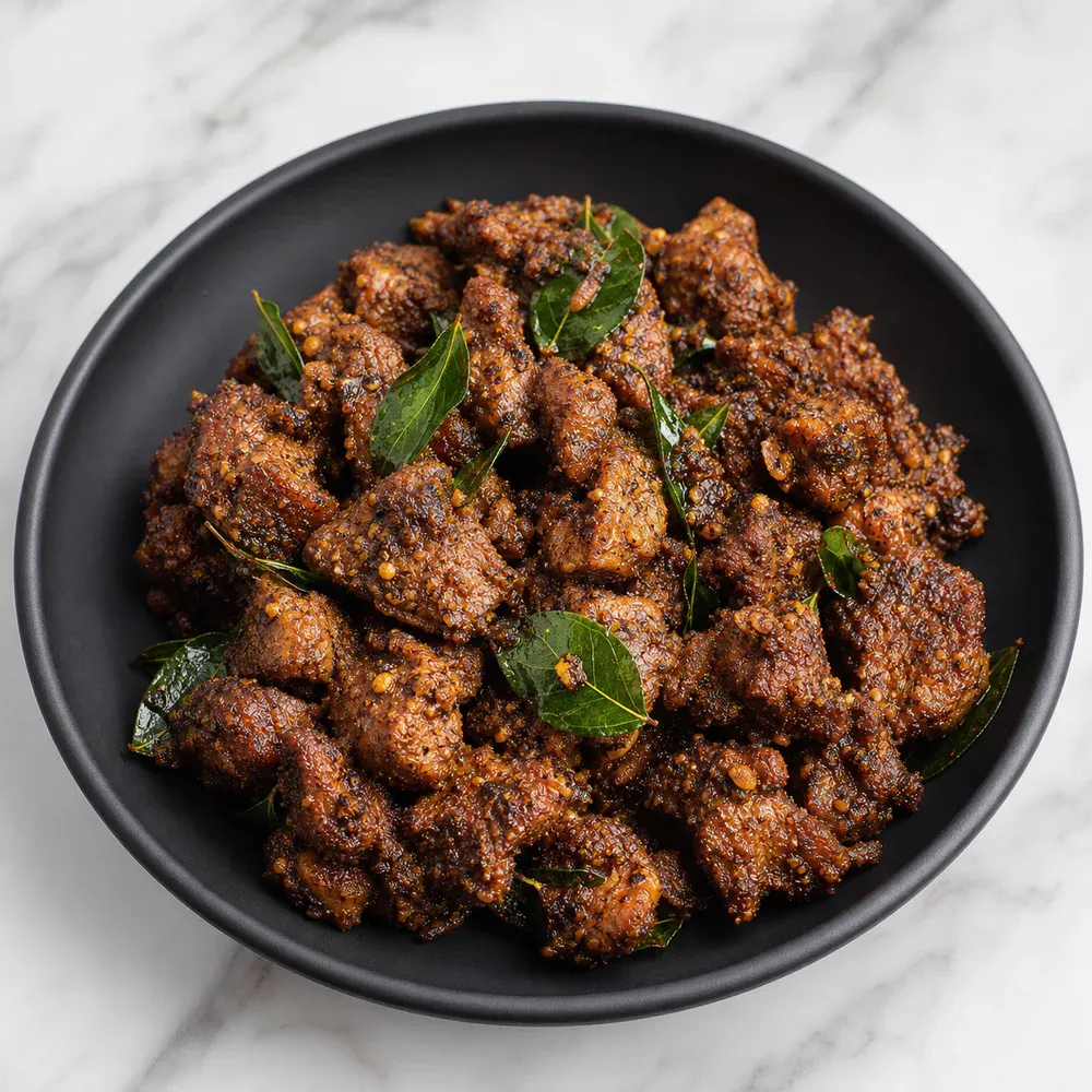 Dry-roasted lamb tossed with curry leaves, pepper, and home-ground spices.