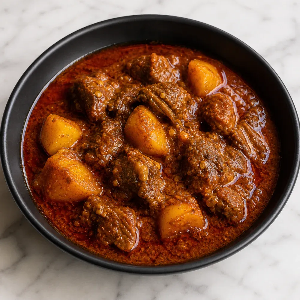 Goan-style lamb curry cooked with red chili and potatoes.