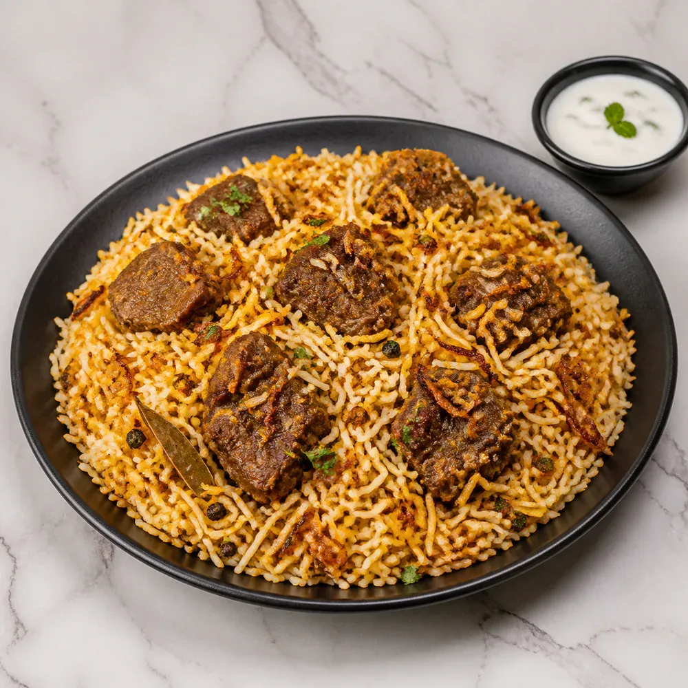 A large portion of beef biryani layered with fragrant basmati rice and spices.