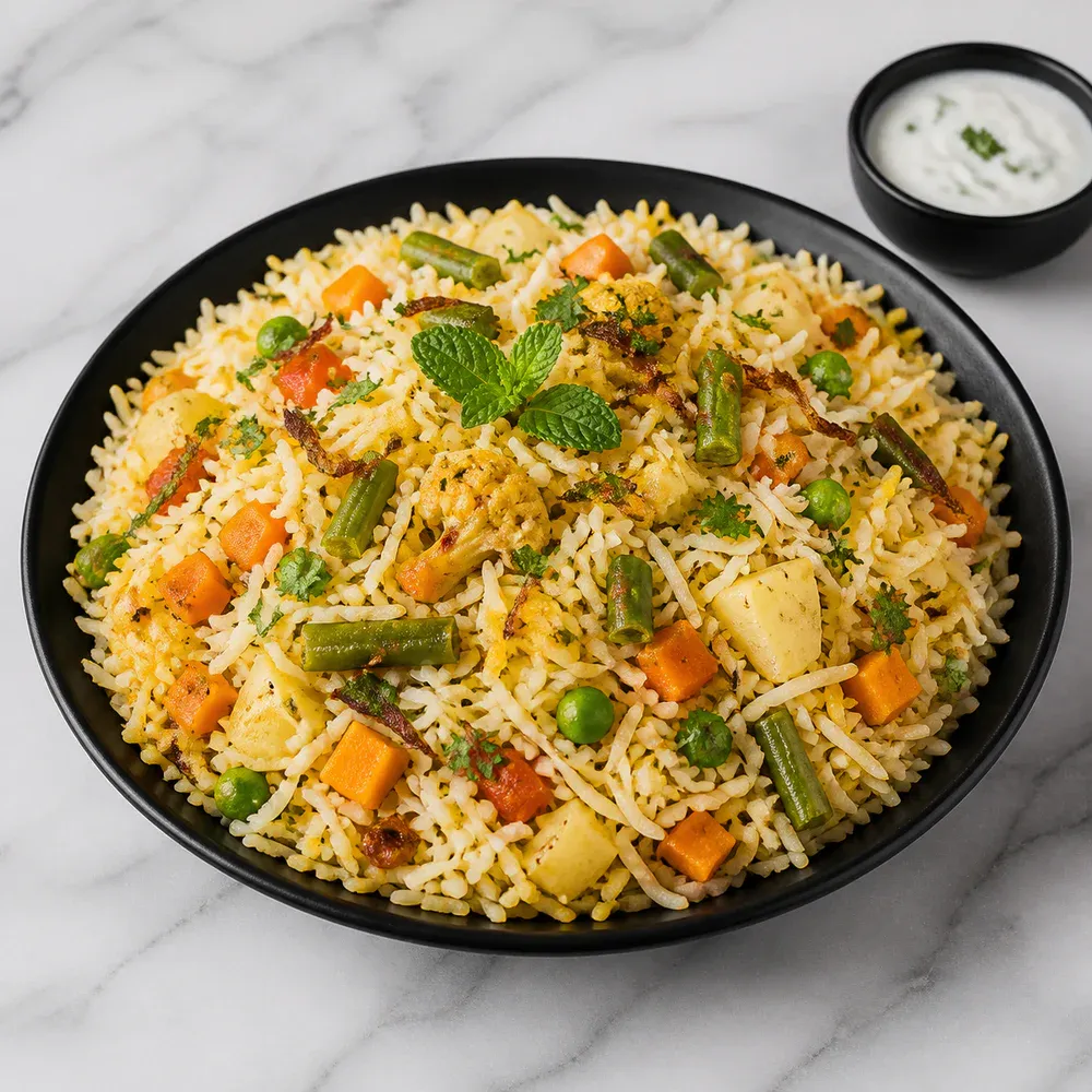 A large portion of vegetable biryani layered with fragrant basmati rice and spices.
