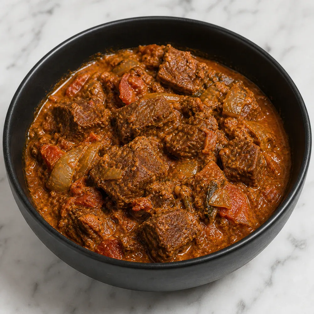 AAA sirloin steak diced and cooked with onions, tomatoes, spices, and coconut milk.