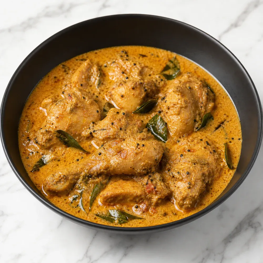 Chicken tempered with mustard seeds, curry leaves, South Indian spices, and coconut milk.