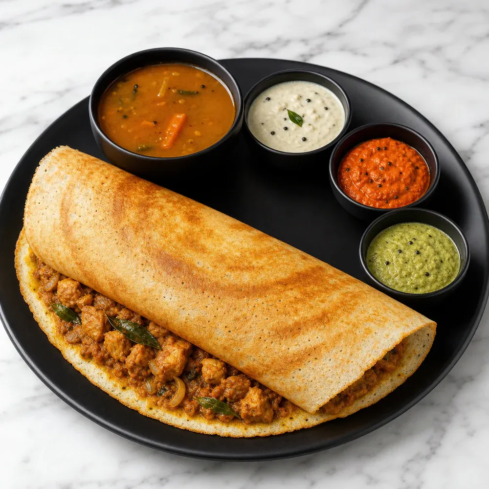Dosa stuffed with homestyle chicken curry.