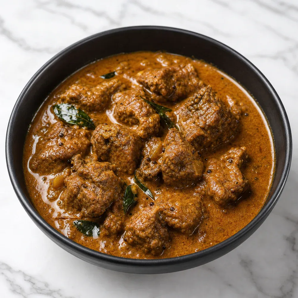 Lamb tempered with mustard seeds, curry leaves, South Indian spices, and coconut milk.