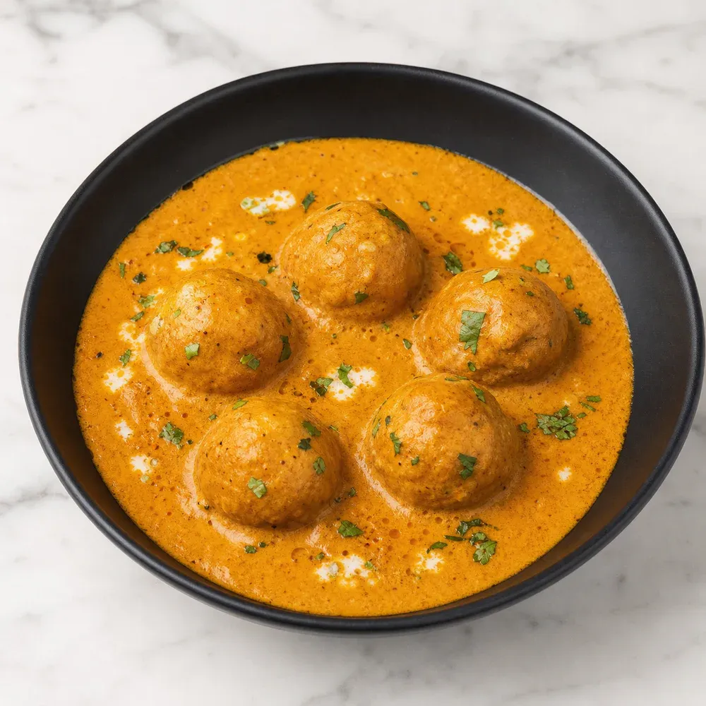 Cheese and potato balls simmered in a creamy cashew sauce.