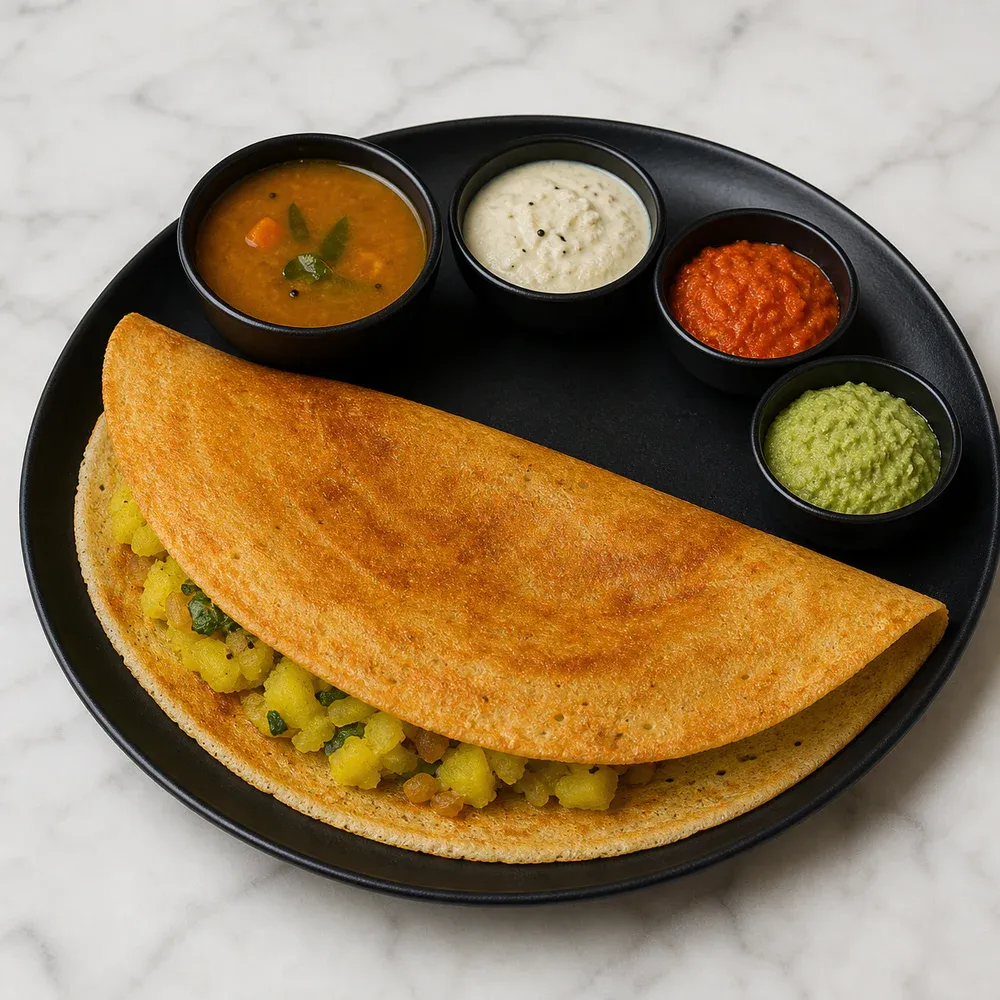 A crispy rice-and-lentil crepe filled with spiced potato and onion, served with sambar and chutney.