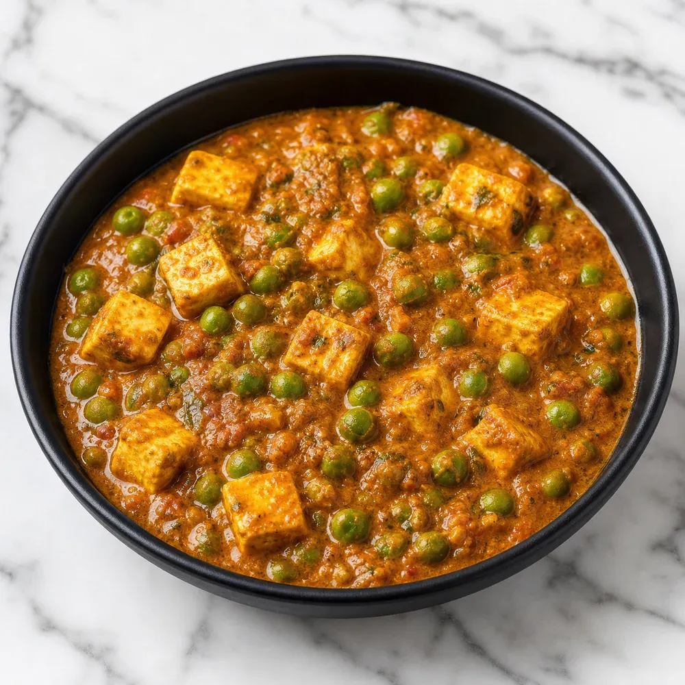 Paneer and green peas cooked in a spiced onion-and-tomato gravy.