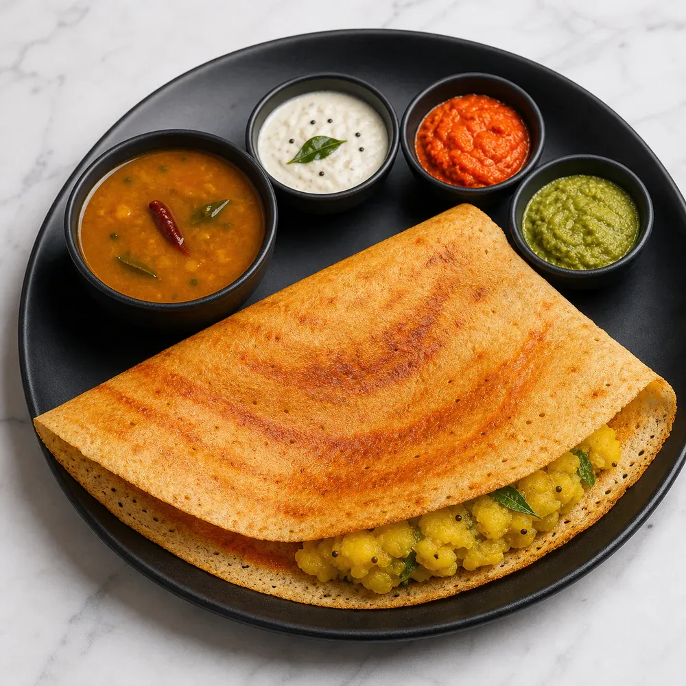 A crispy dosa spread with spicy red chutney and filled with spiced potato masala, served with sambar and chutney.