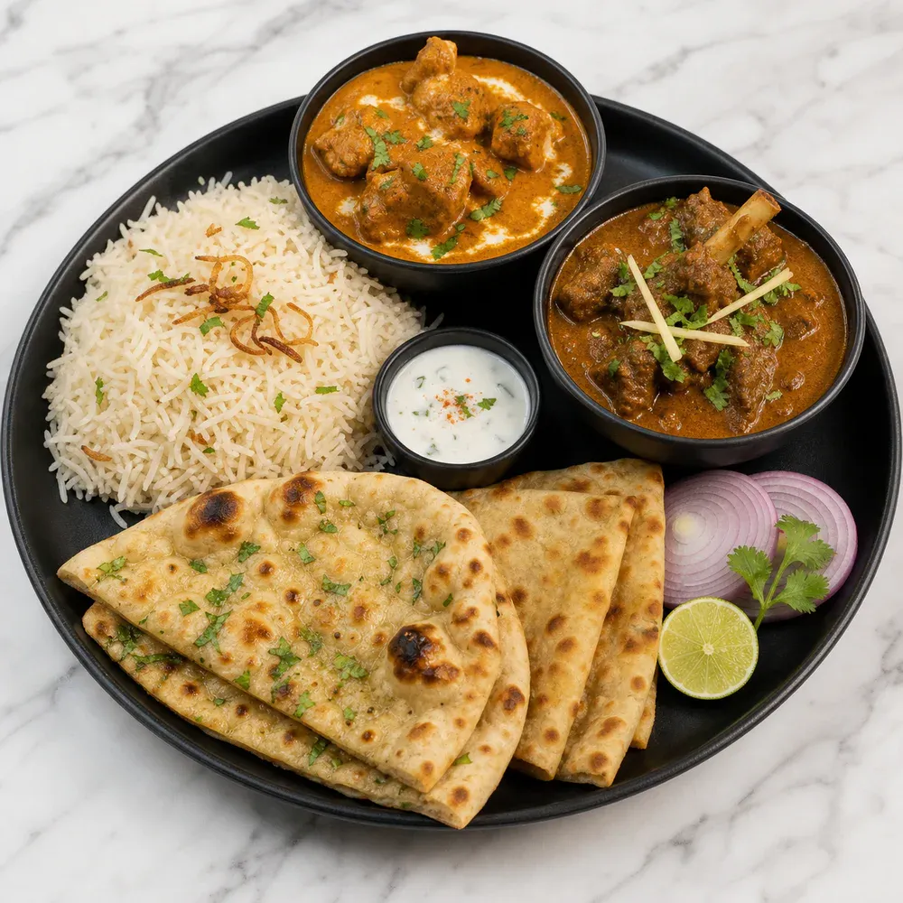 A shared non-vegetarian feast for two with curries, rice, and bread.