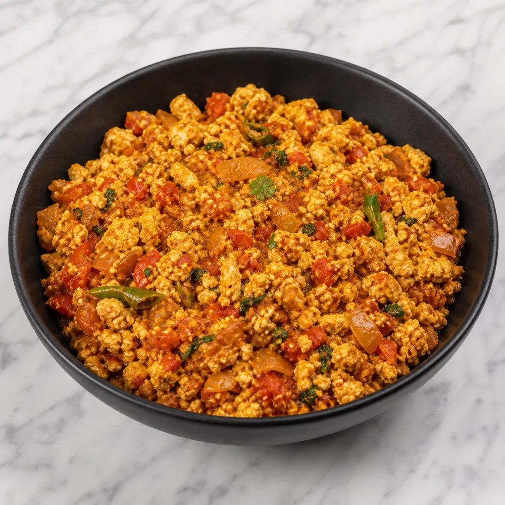 Crumbled paneer scrambled with onions, tomatoes, and spices.