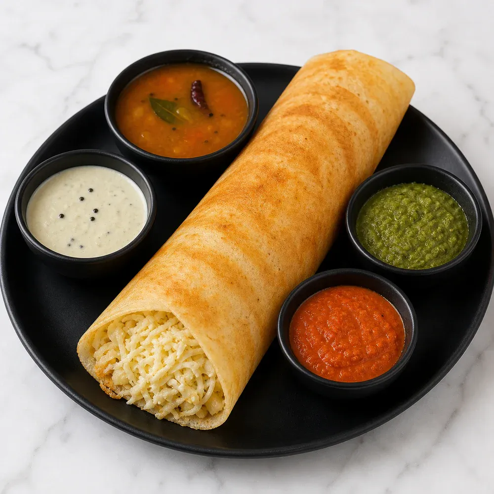 Dosa stuffed with grated paneer cheese.