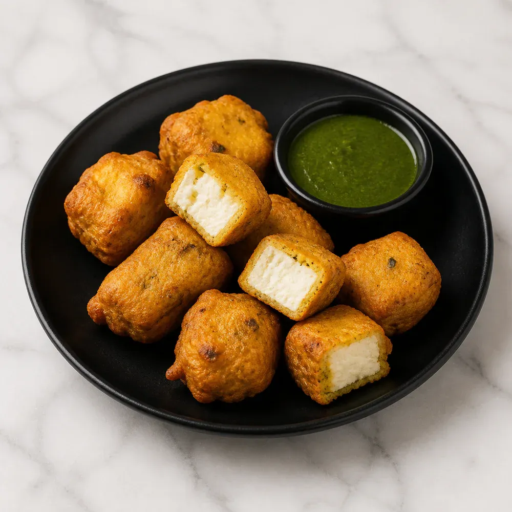 Marinated paneer dipped in chickpea batter and deep-fried.