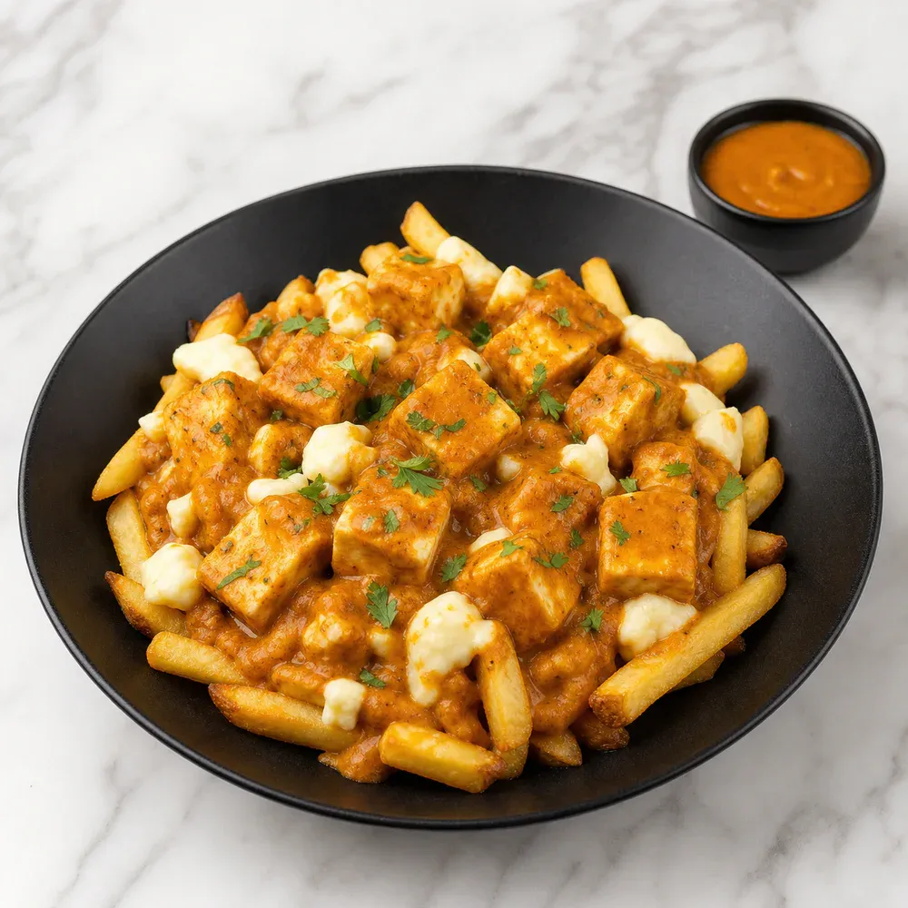 Fries with paneer butter sauce and cheese curds.